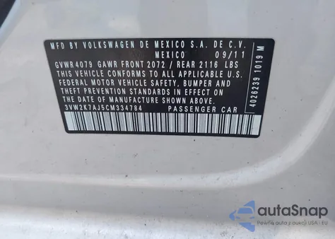 2012 Volkswagen Jetta 2.0L S из США, поврежденный, VIN 3VW2K7AJ5CM334784